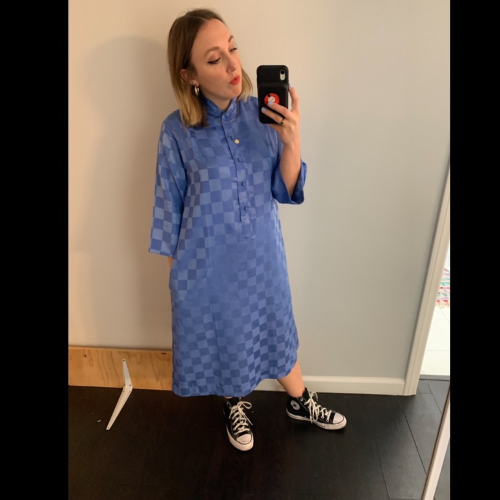 1960s Vintage Blue Checkered Dress with pockets